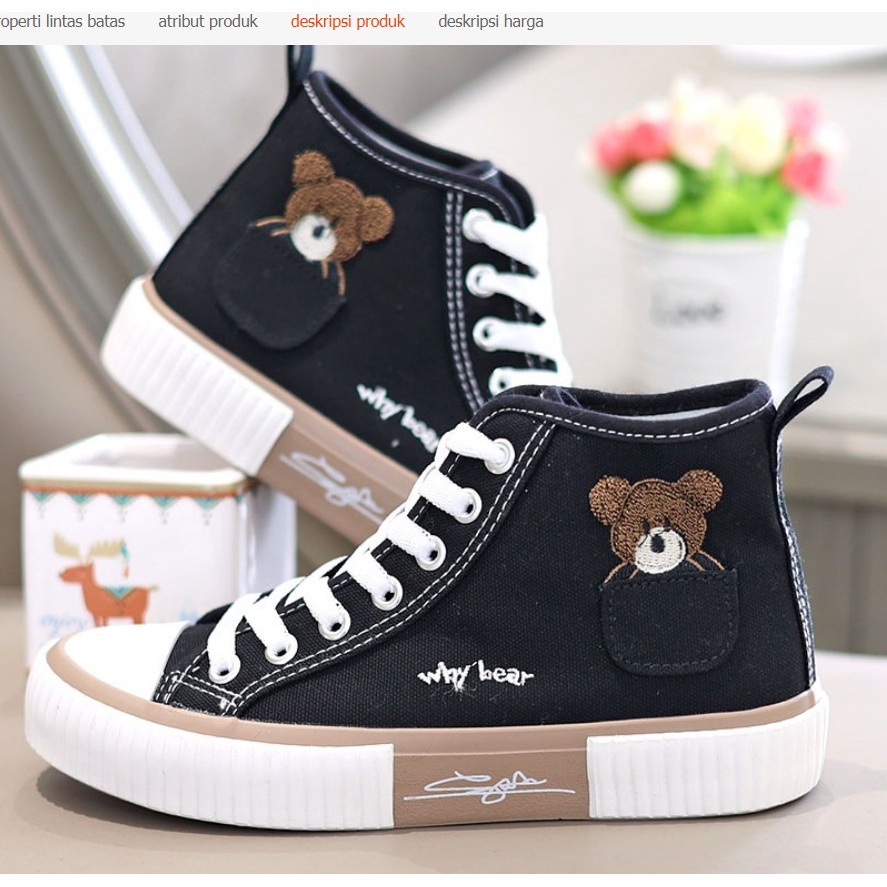 Sepatu Kanvas Import RWS 9222 Wanita Motif Bear / Sneakers High Bear sepatu papan serbaguna