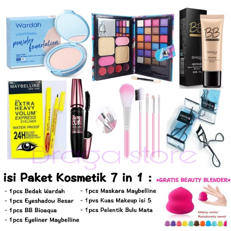 Paket Kosmetik 7 in 1 / Paket Makeup Wanita 7 Set - Bedak Wardah - Eyeshadow Dompet Besar - BB Cream
