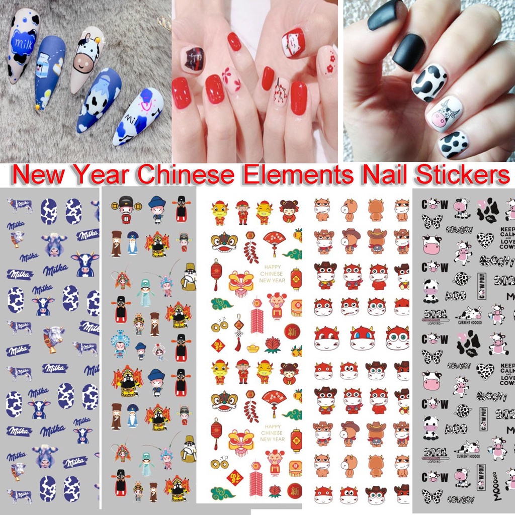 AUGUSTINA Augustina New Year Nail Art 3D Elemen Cina Sapi Lucu2021Tahun Baru Manicure Decals