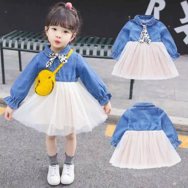 Dress Denim Tutu Anak Perempuan Dengan Simpul Dasi