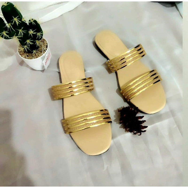 Sandal LINE Big Size 41-45 Sendal Slop Gold Hitam Silver / Sandal Teplek Makazi Santai ukuran besar, 42