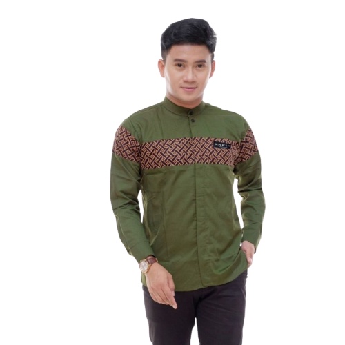 Baju Koko Pria Motif Kobata Qynang Kombinasi Batik Warna Hijau Army Lengan Panjang Terbaru