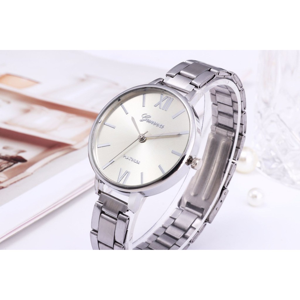 Jam Tangan Wanita Geneva Bulat Stainless / Geneva Jam Tangan Quartz dengan Strap Stainless Steel