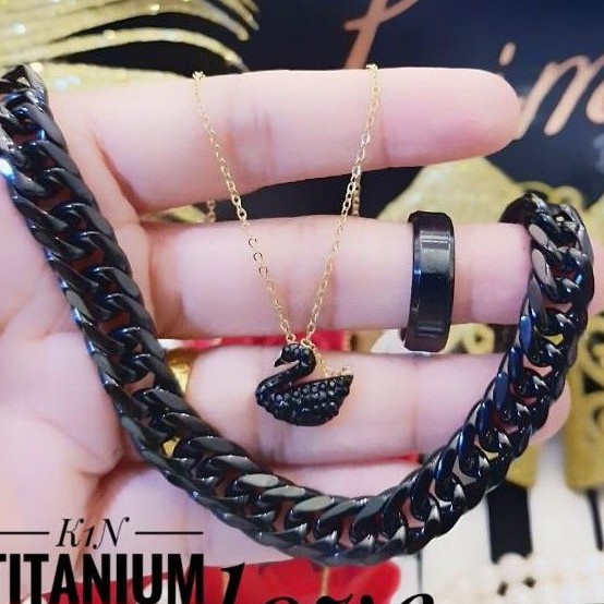 Titanium set perhiasan wanita angsa hitam jkl45