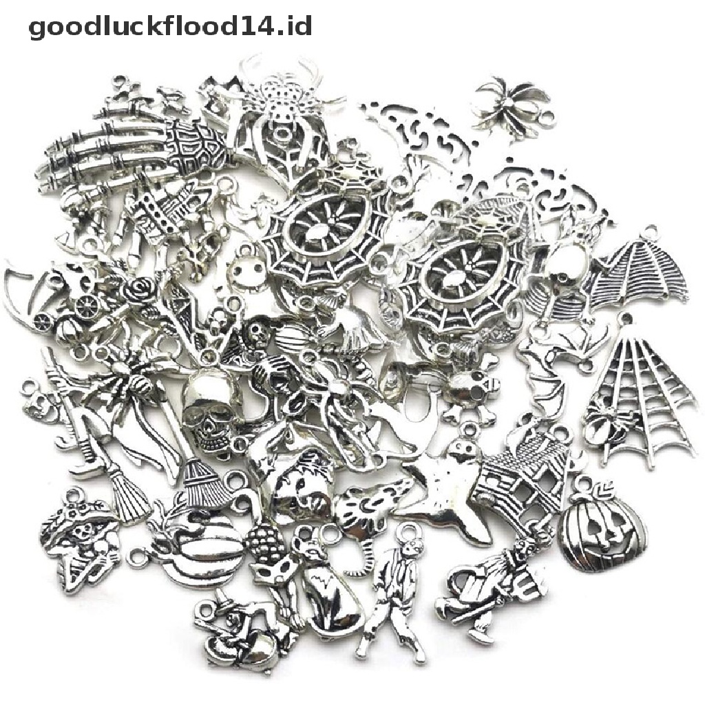 [OOID] 50Pcs Mixed Halloween Bat Skeleton Silver Charms Pendants DIY Jewelry Making ID