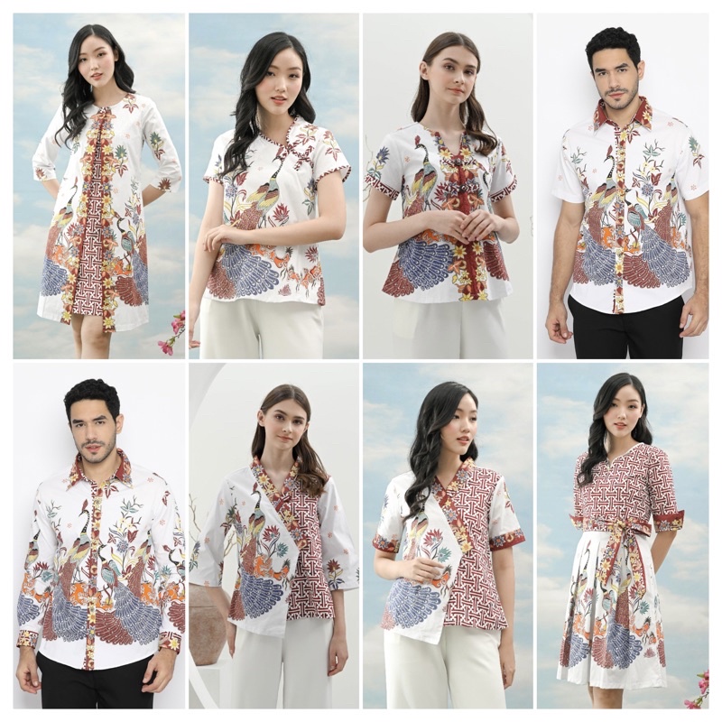 Set couple batik modern merah putih / dress imlek kekinian / seragam kantor batik putih bangau 300