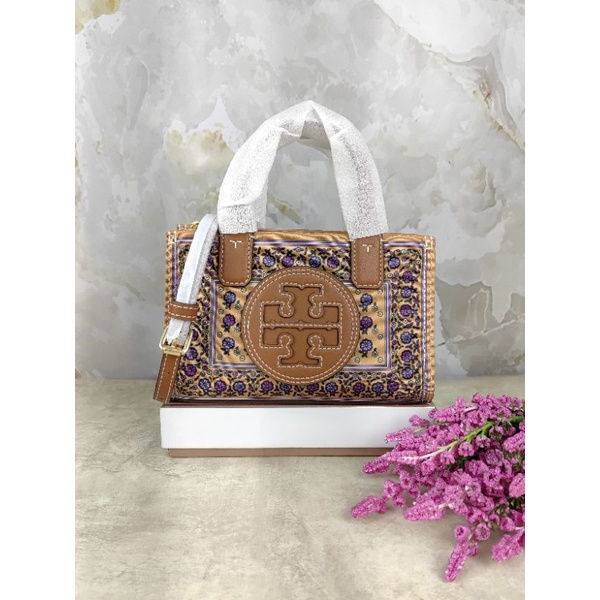 TB Ella Printed Mini Tote Brown Floral Daisy Border
