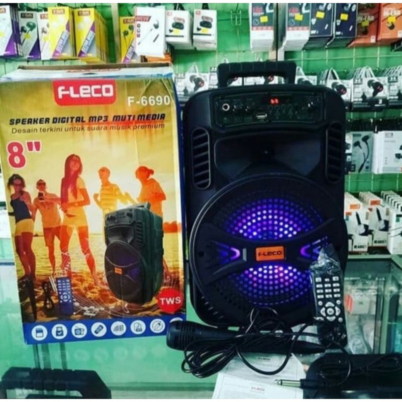 Speaker Bluetooth Karaoke Fleco F-6690 8 Inchi Gratis Microphone Dan Remot Super Bass /Salon Aktif