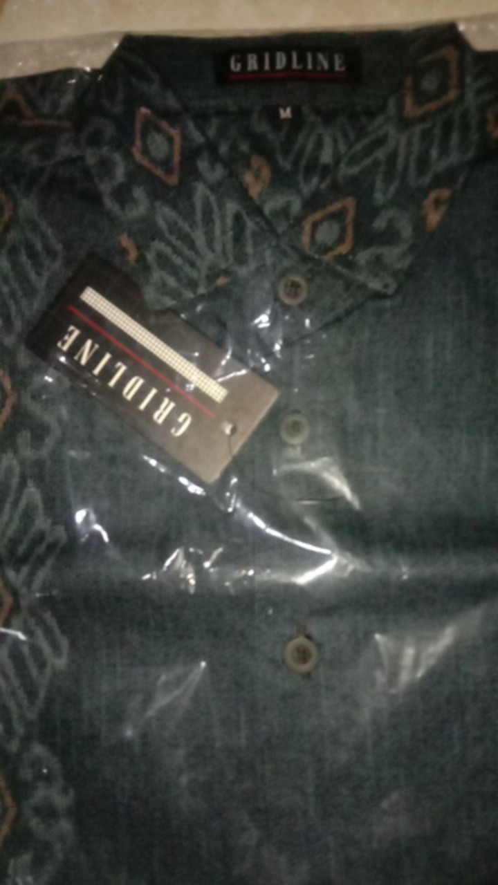 [gridline - R070 Maroon & Steel Blue] Kemeja Batik Pria Katun Lengan Pendek Regular Songket Seragam