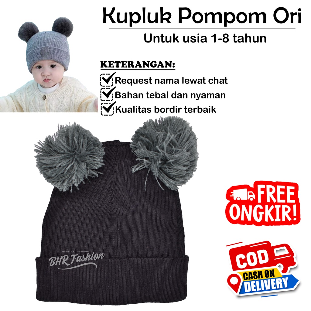 Kupluk Pompom Ori 1-8 Tahun Free Bordir Nama