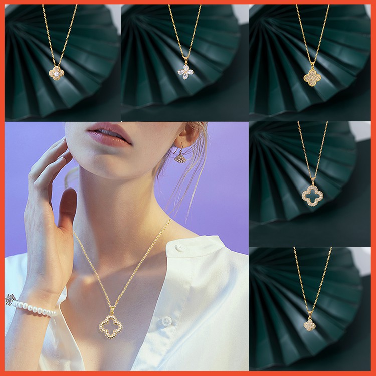 2021Ins Full Zircon Four Leaf Clover Pendant Kalung Rantai Klavikula Berlapis Emas Tembaga Perhiasan