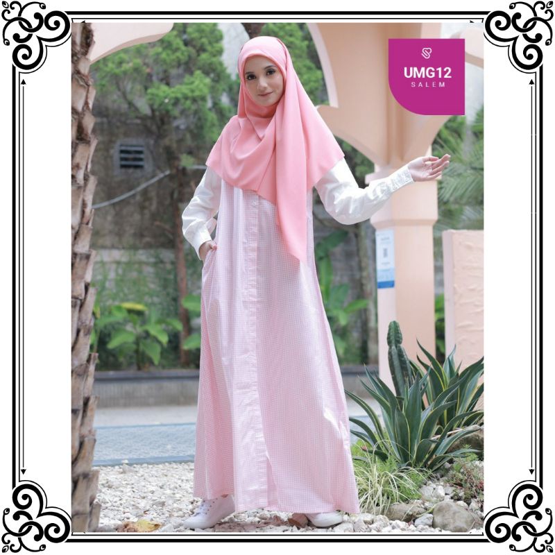 Baju Gamis Terbaru Remaja 2022 Gamis Katun Jepang Ukhti Munira UMG12 Motif Kotak Kecil Warna Pink Mu