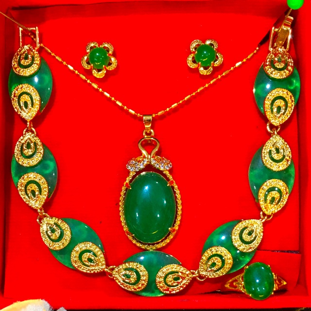Set kalung giok hijau xuping  asli 24k,plating emas china asli,permata pakai batu giok hijau～
