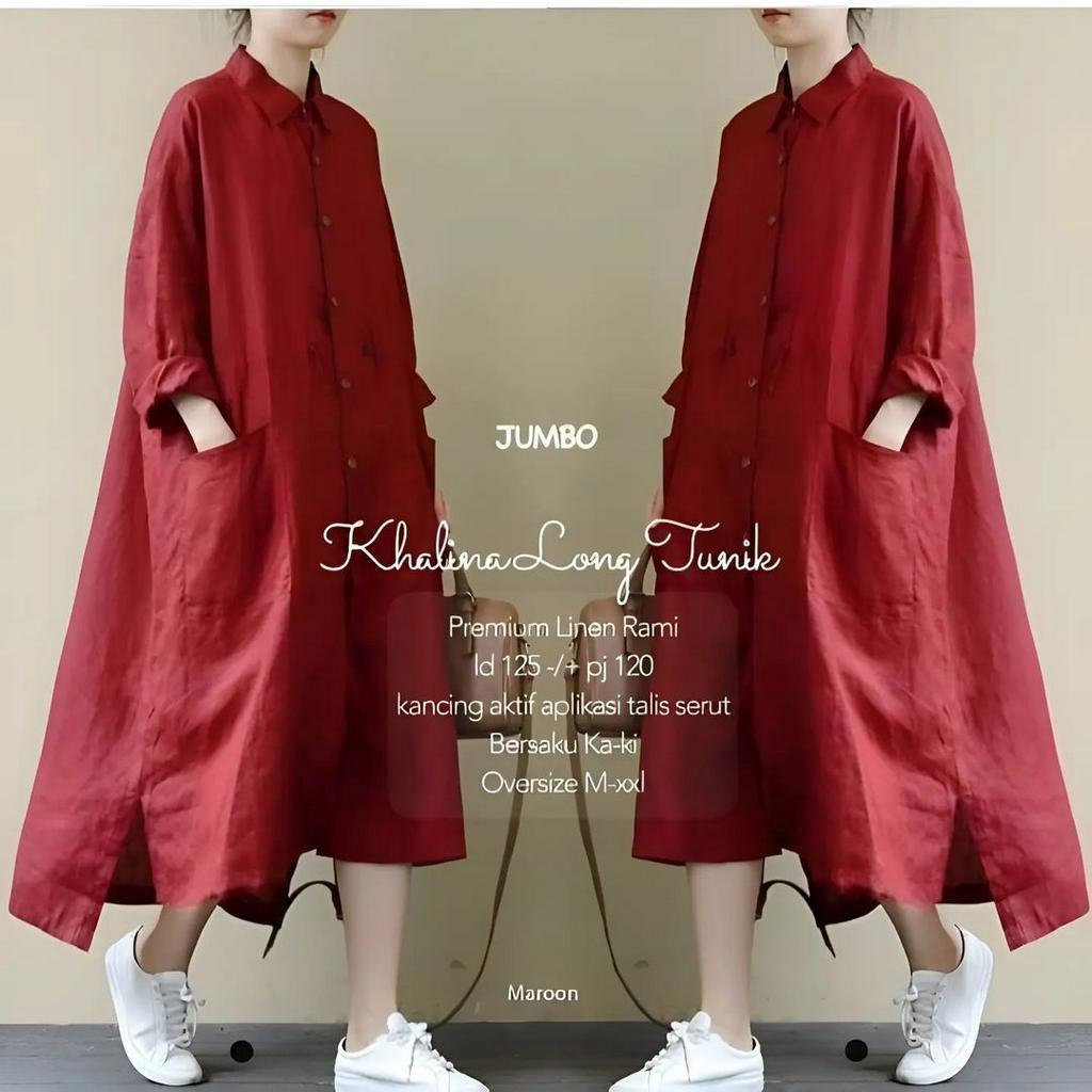 LONG TUNIK JUMBO KHALINA BAHAN LINEN RAMI LD 100 - 125 CM WARNA  ARMY , BLACK , MAROON , MILO LONG TUNIK WANITA TERBARU 2023 MIDI DRESS WANITA TERBARU BAJU ATASAN WANITA TERBARU KOREAN STYLE