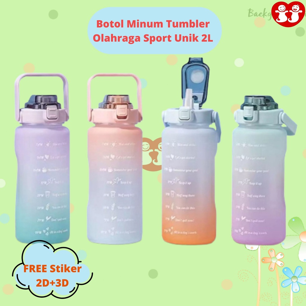 Botol Minum Tumbler Olahraga Sport Unik 2L FREE Stiker 2D+3D / Botol Motivasi 2000ML / Botol Penanda Gradient Gradasi