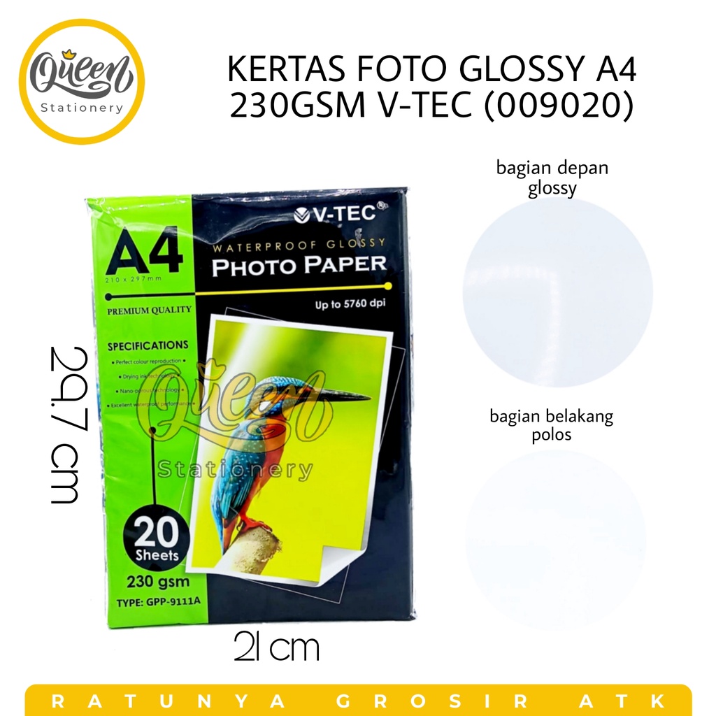 

1 PAK (20 LEMBAR) KERTAS FOTO GLOSSY A4 230 GSM V-TEC / PHOTO PAPER / KERTAS PRINT FOTO MENGKILAP (009020)