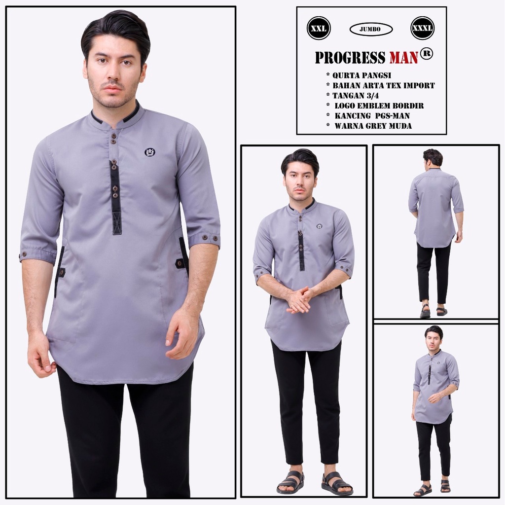 PROGRESS MAN baju koko pria lengan tiga perempat koko kurta pangsi jumbo kemeja koko pria lengan tiga perempat koko kurta pangsi big size baju kurta pangsi dewasa logo bordir Abu Muda P4N9S307