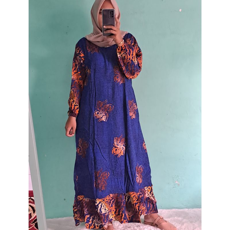 Daster batik cap lengan panjang longdress rempel susun