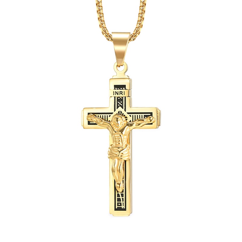 Kalung Rantai Liontin Salib Yesus Bahan Stainless Steel Warna Emas Untuk Pria