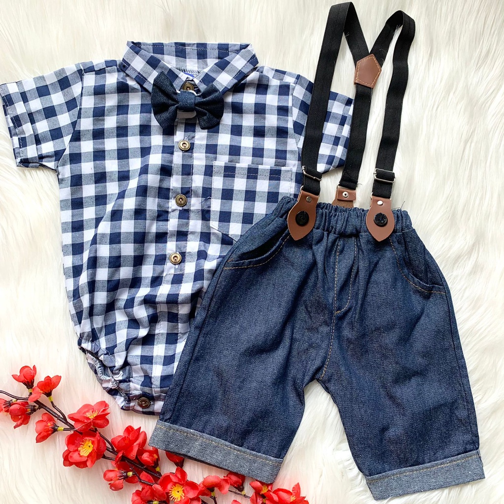 Baju setelan 0-8 bulan suspander tuxedo lucu bestseller anak bayi cowok laki murah -min