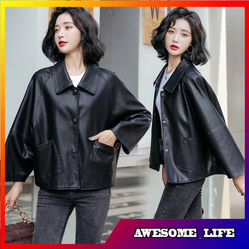 Jaket Pendek Wanita Kulit Autumn Haining Large Size Nine-Quarter Sleeve Leather Coat Women's Short S