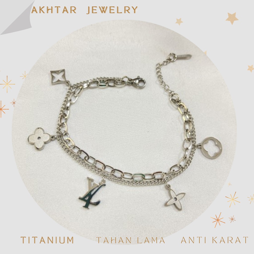 Perhiasan Aksesoris Gelang Rantai Wanita 2 Layer Titanium Asli Putih Silver Kekinian L21A-GLT62