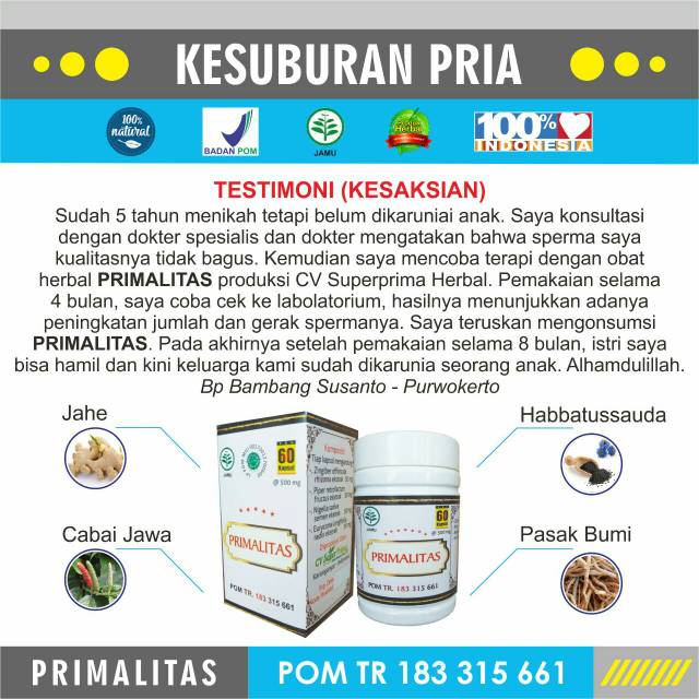 HERBAL PRIMALITAS SOLUSI ATASI KESUBURAN PRIA /MEMBERSIHKAN SALURAN SPERMA/MENJAGA MUTU SPERMA