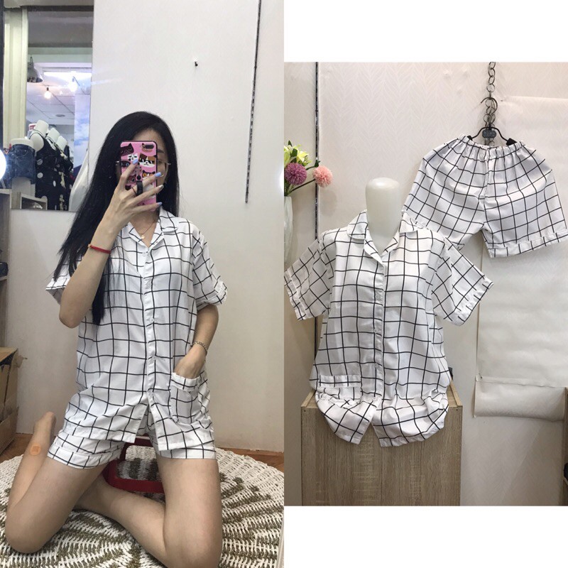 piyama/pajamas kotak&quot; HP katun putih murah.homewear/sleepwear/bajutidur cwe PP tartan white kekinian