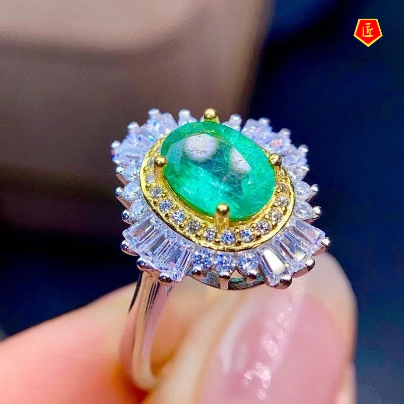 [Ready Stock]Luxury Full Diamond Natural Emerald Ring