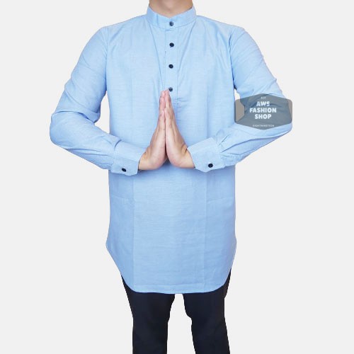 Kemeja Kurta Lengan Panjang Pria Ready Big Size Jumbo Biru Muda Oxford