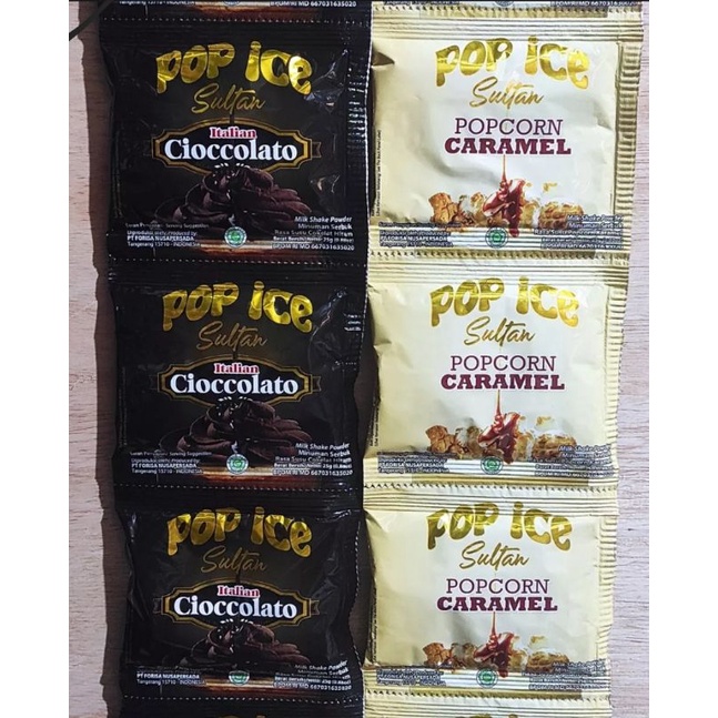 

(1paket 2renceng) pop ice sultan cioccolato dan popcorn caramel 1renceng isi 10shaset