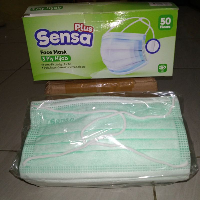 Masker sensa plus hijab 3ply isi50, warna hijau/Green