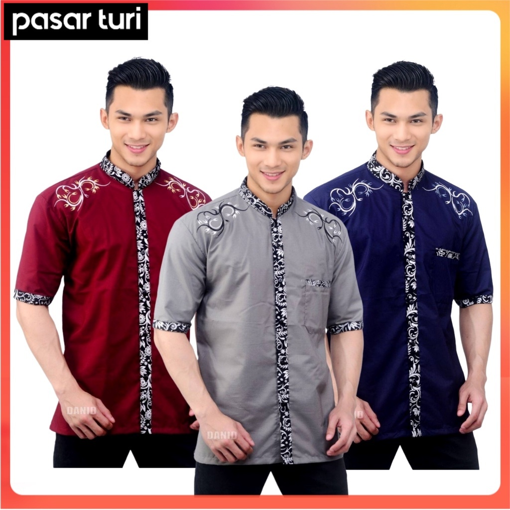 Baju Koko Pria Baju Koko Muslim Baju Koko Kombinasi Batik Lengan Pendek P027 ANS