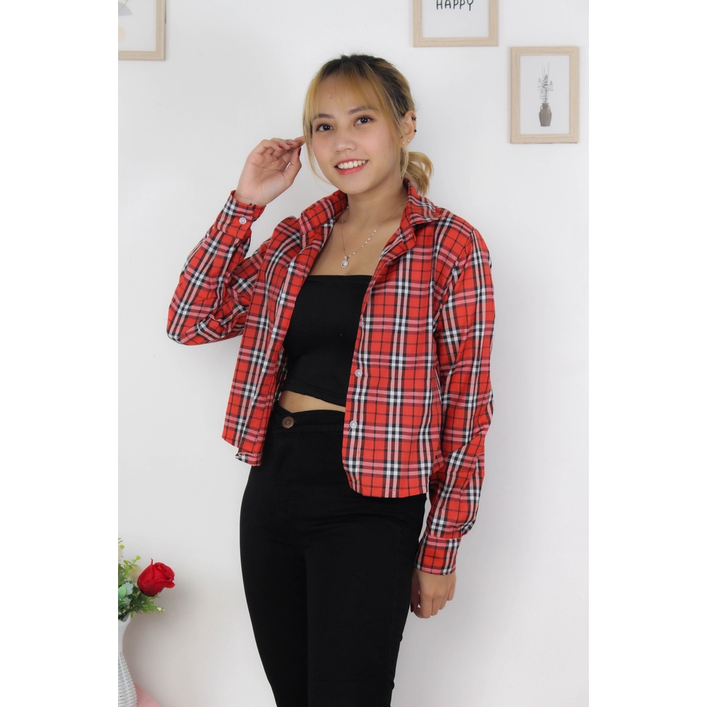 RX Fashion - Tartan Crop - Baju Kemeja Wanita crop - BN-BB-MERAH