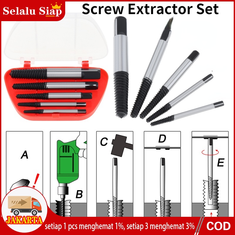 5pcs Screw Extractor Set / Pembuka Baut Rusak set