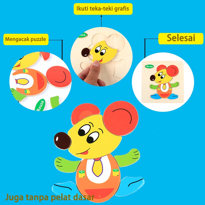 Puzzle kayu/Puzzle kayu mainan edukasi/Mainan anak/Mainan puzzle kayu anak hewan kartun (B12)