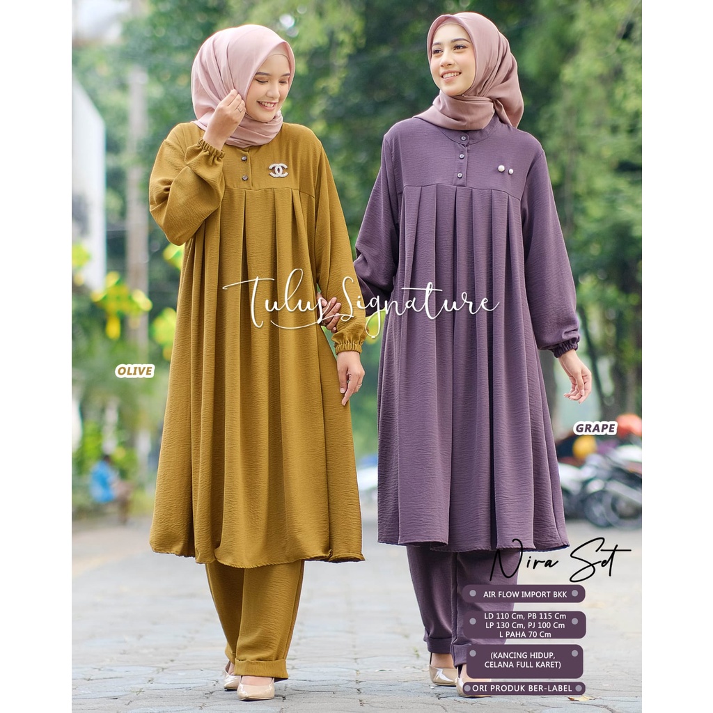 one set wanita kekinian ld 110 nira setelan motif polos kancing hidup mat airflow import ori tulus s