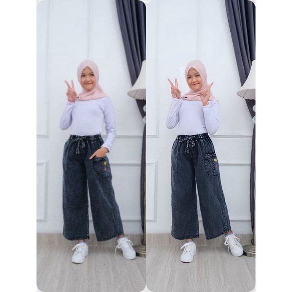 BAGGY JEANS//CELANA PANJANG ANAK PEREMPUAN VARIASI BORDIR CEMPAKA USIA 6-12TAHUN