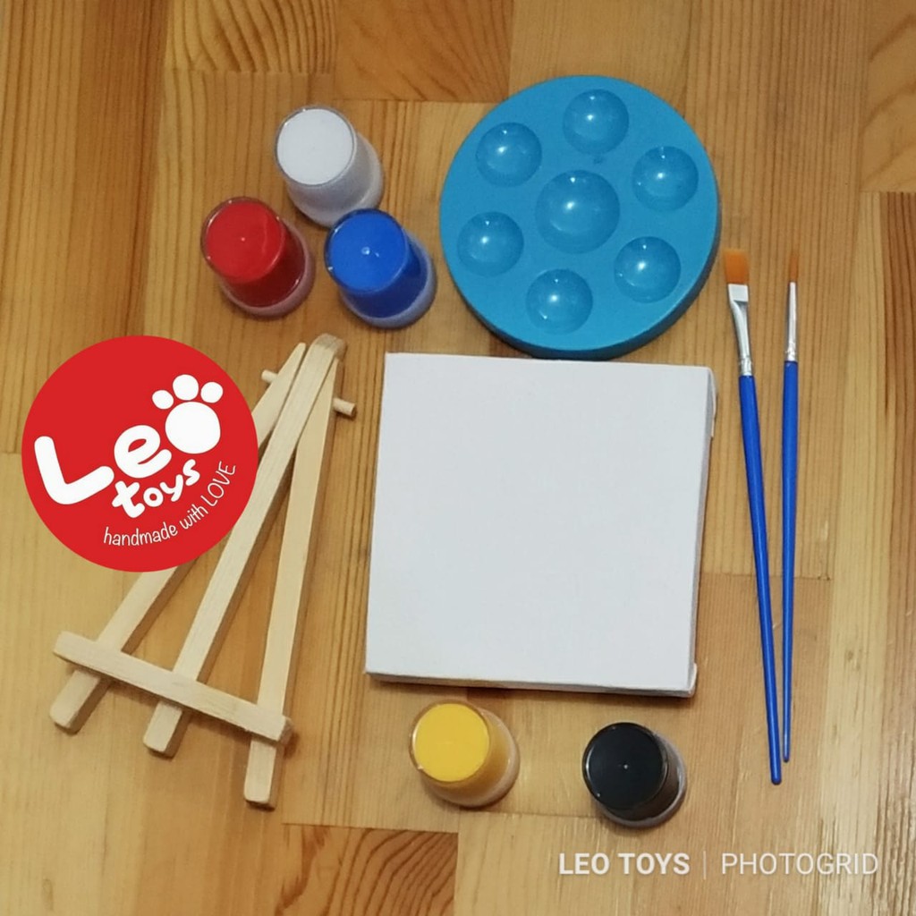 

mini paket DIY painting kit kanvas polos cat palet kuas belajar melukis canvas set paint easel kayu