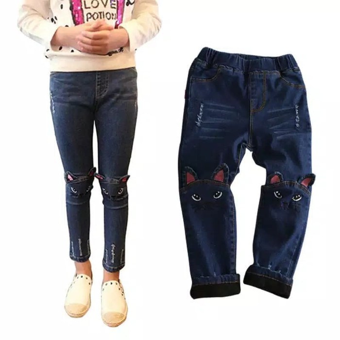 Celana Panjang Kasual Jeans/Denim Pencil Cowboy Bordir Kucing