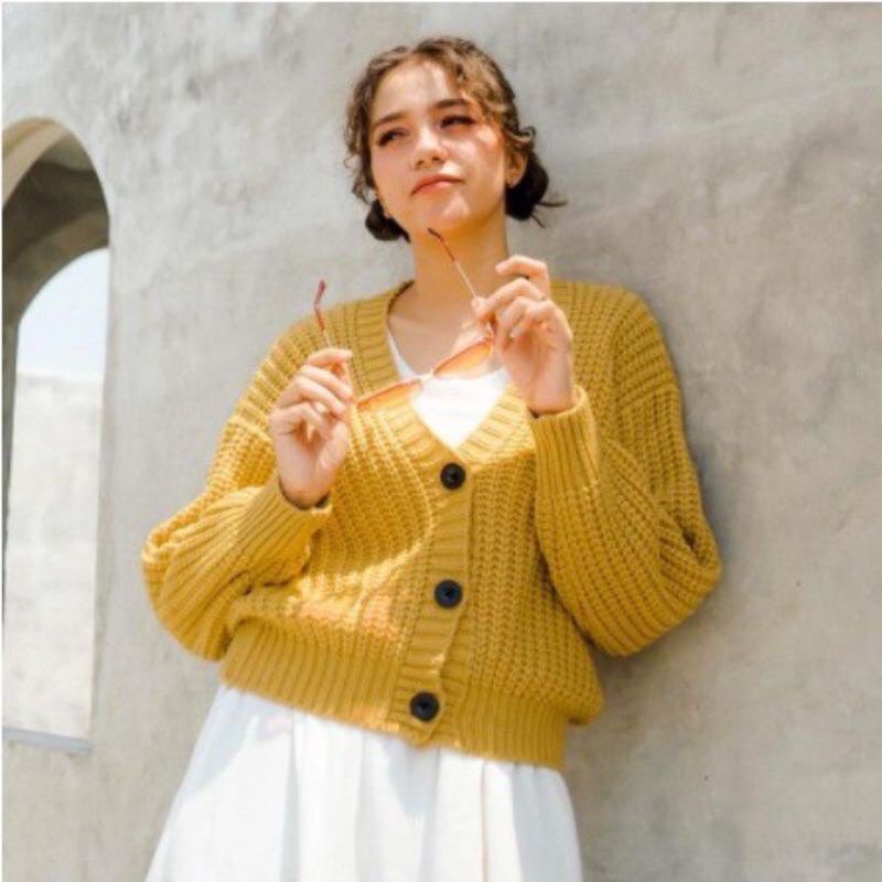 Cardigan Crop 7 Get Olivia Cardy Crop Cardigan Rajut Oversize Knitted Korean-Mustard