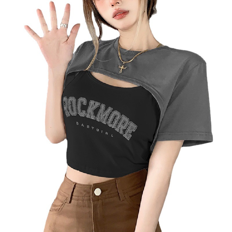 #Sisjuly# Wanita Abjad Cetak Warna Kontras Dua Potong Atasan Baru Kurus Crop Kaos Lengan Pendek