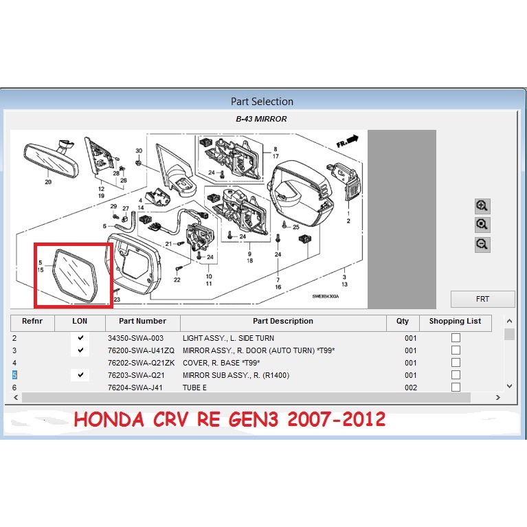 kaca spion crv re gen3 2007 2008 2009 2010 2011 2012 76203-SWA 76253-SWA