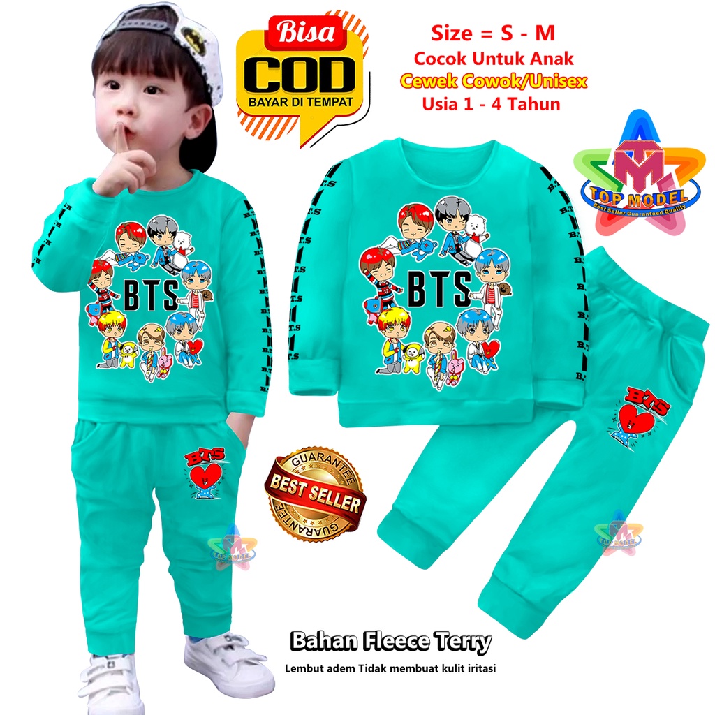 Setelan Baju Anak BTS BT21 UNISEX 1-4 Tahun Cewek Cowok,TM0004 B terbaru dan termurah Bahan Fleece Terry