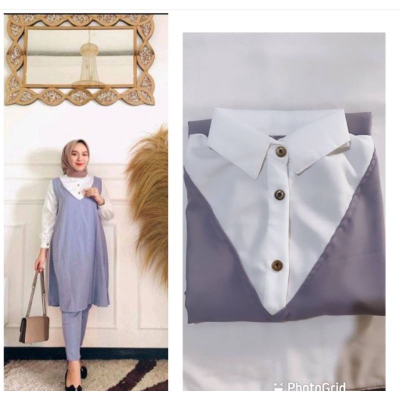 SISY ONE SET || SETELAN TUNIK WANITA || ONE SET DAILY SET BAJU WANITA ATASAN WANITA CELANA WANITA-Abu