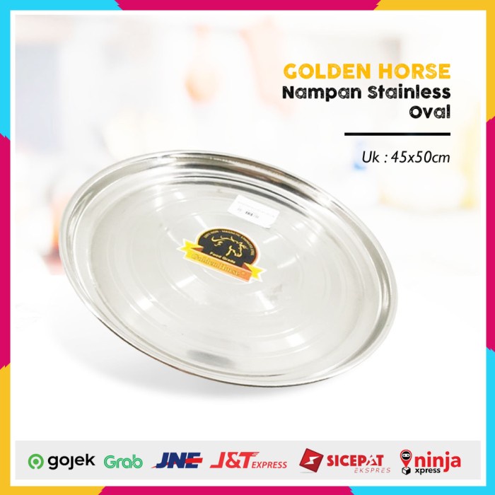 

Nampan Stainless Oval 45 x 50 cm Tray Baki Golden Horse Wadah Saji