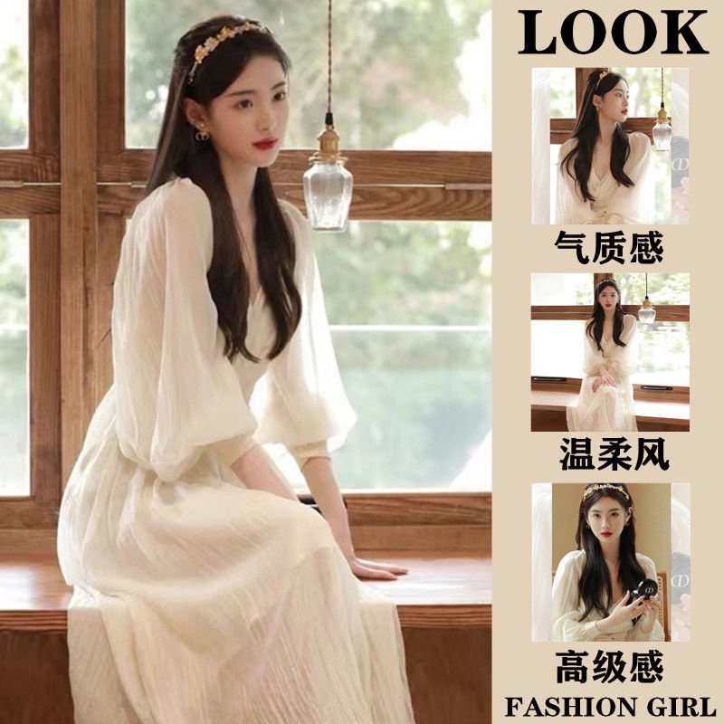 Warna solid gaun sifon lembut 2022 musim semi baru kipas dewi temperamen high-end rok peri chic awal