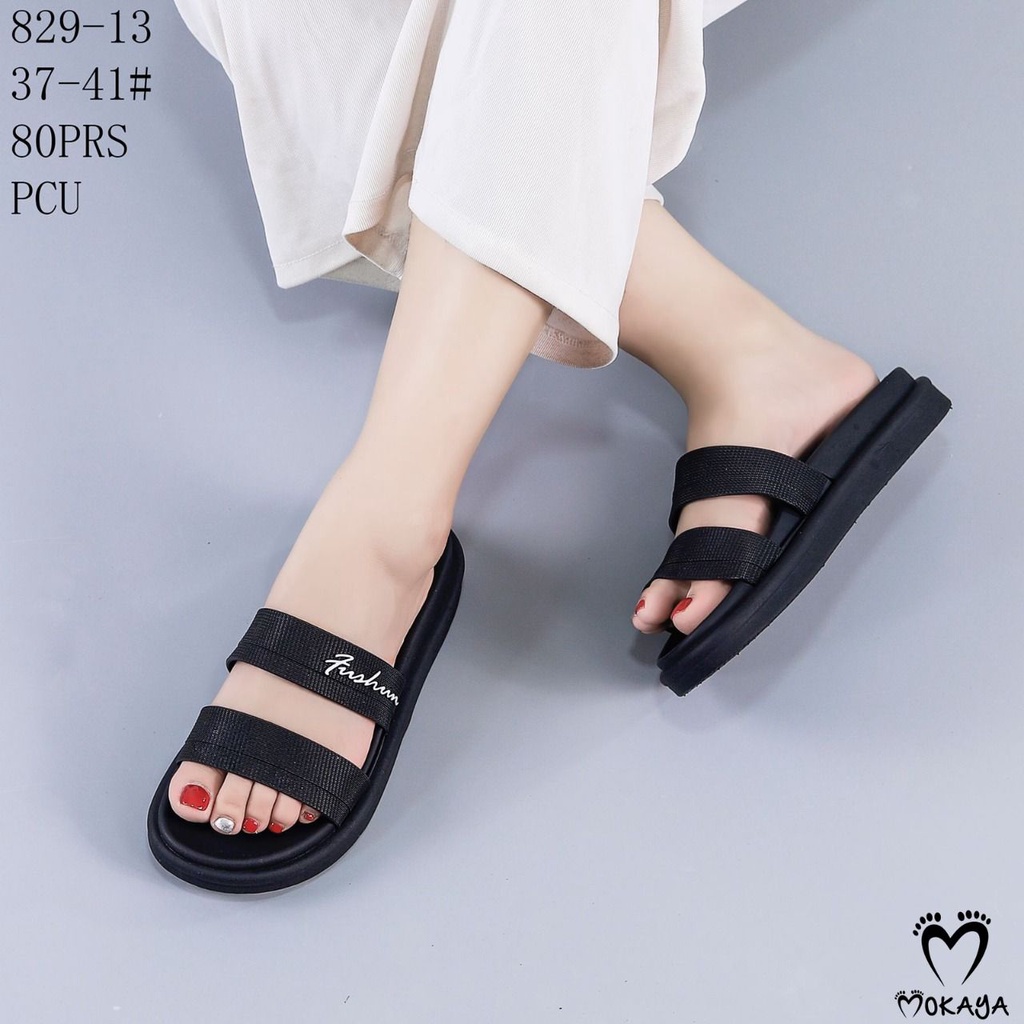 Sandal Slop Jelly Wanita Ban 2 Polos Bermotif Tulisan Fushun Elegant Casual Keren Import Mokaya / Size 37-41 (829-131/829-B6)