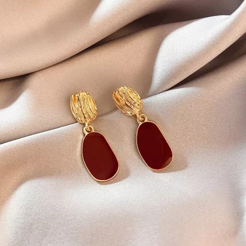 Anting Tusuk Gantung Bahan Sterling Silver 925 Desain Kerang Warna Burgundy Untuk Wanita