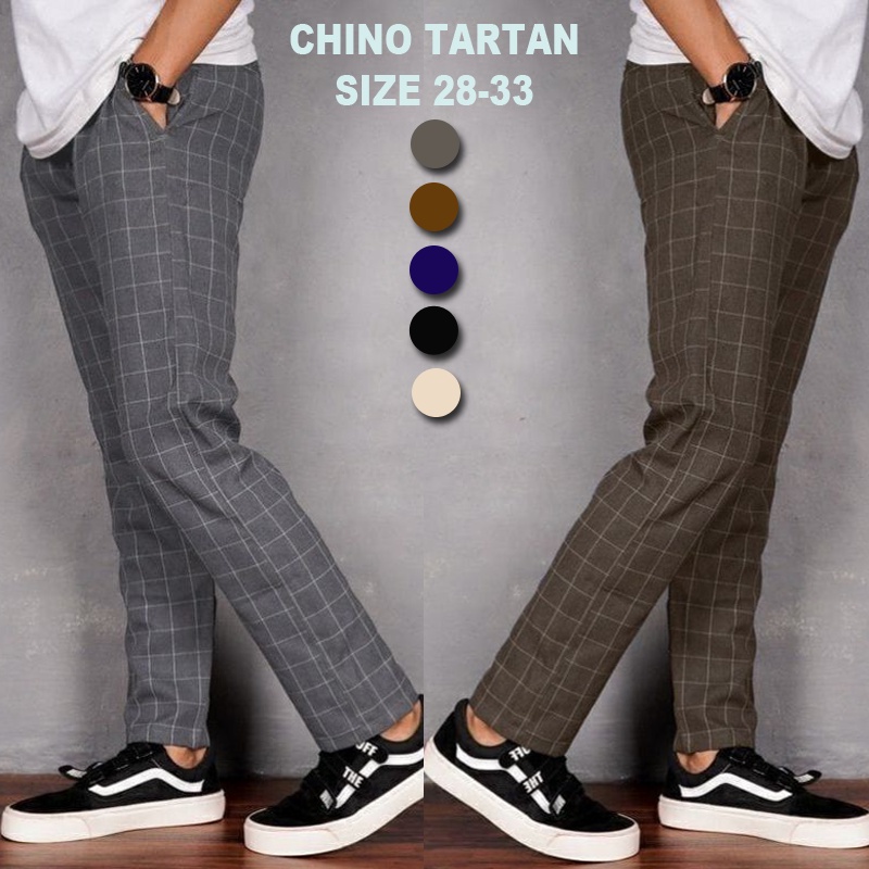 AFAREEN - Celana Tartan Pria Chino Motif Kotak-Kotak Chinos Panjang Slimfit Ankle